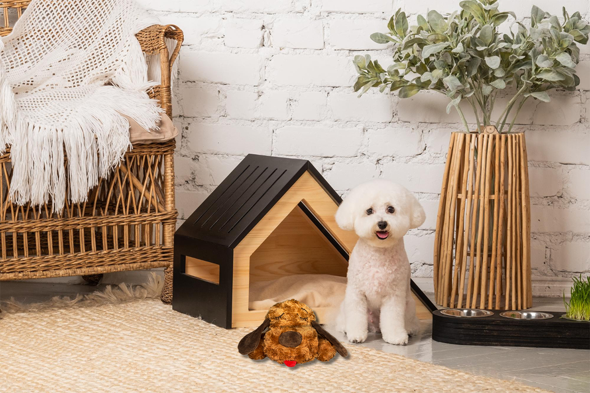 White fluffy dog beside a modern doghouse with a Dog Toy with Beating Heart