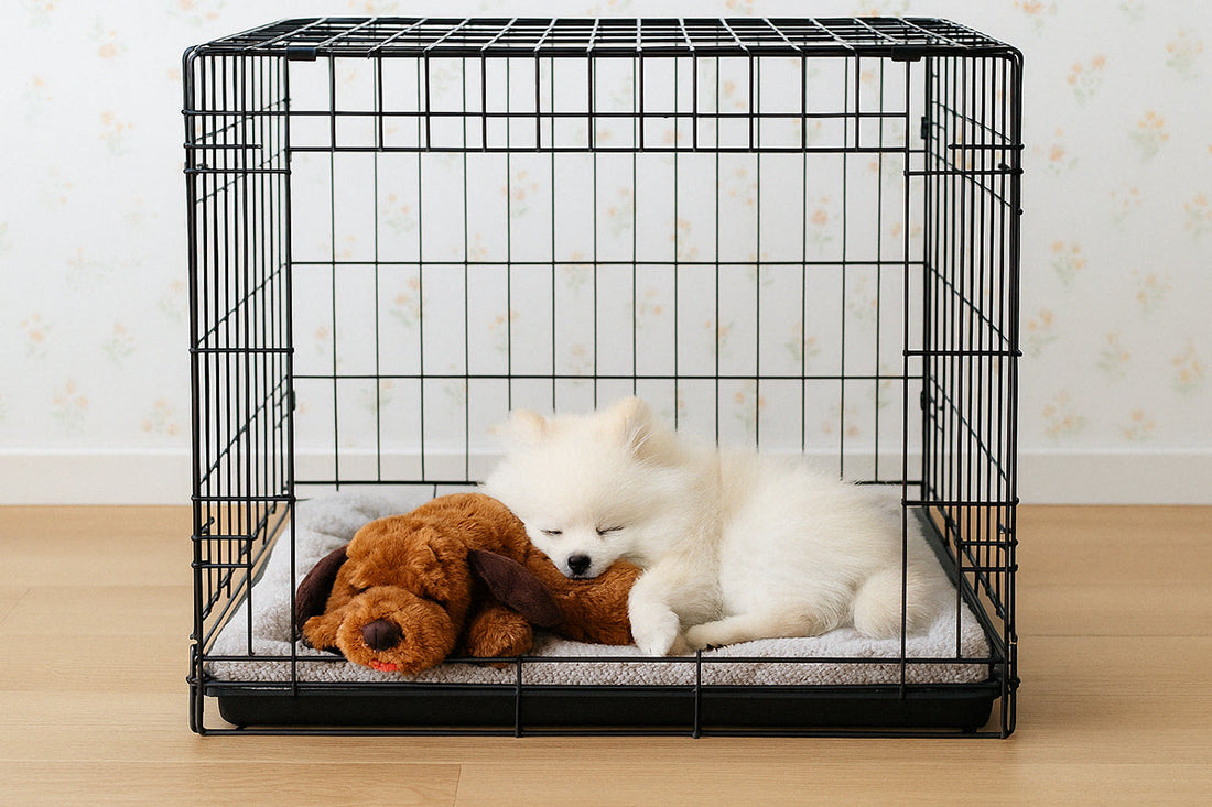 puppy sleeping in crate with heart beating dog toy