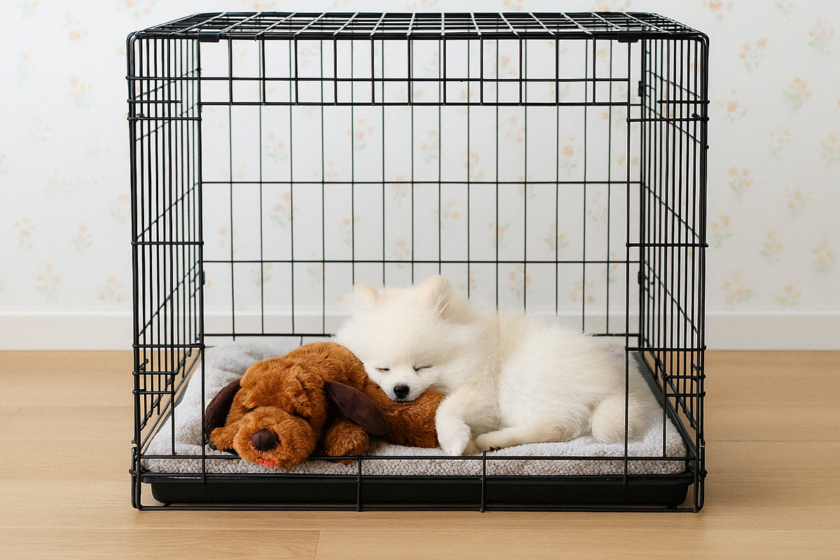 puppy sleeping in crate with heart beating dog toy